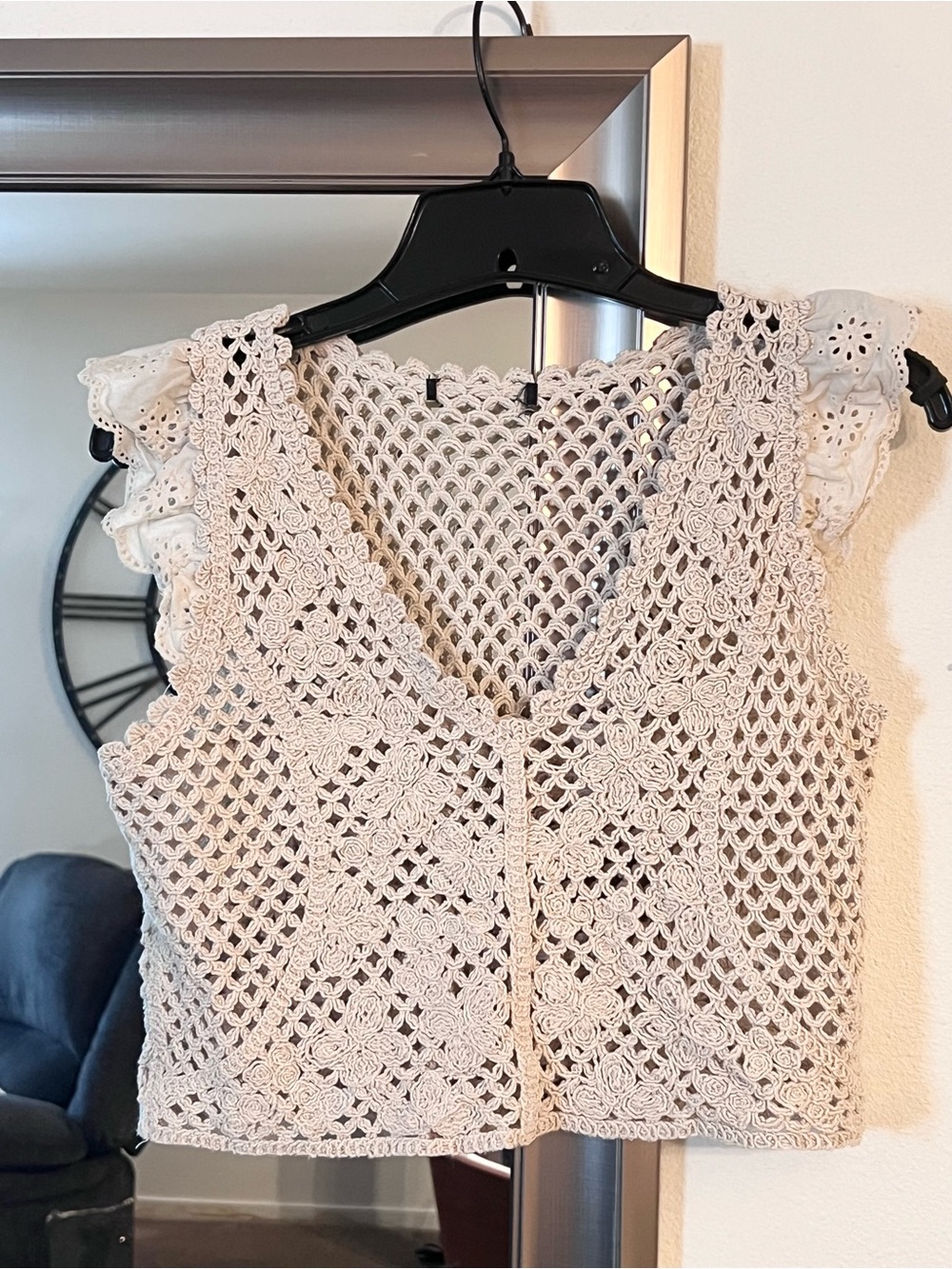 Boho Crochet Lace Tank Flutter Sleeves Top in Cream Sz S